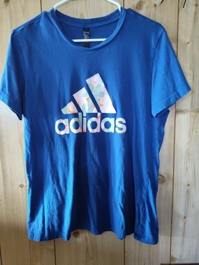 adidas Royal Blue Short Sleeve Tee with Multicolor Logo